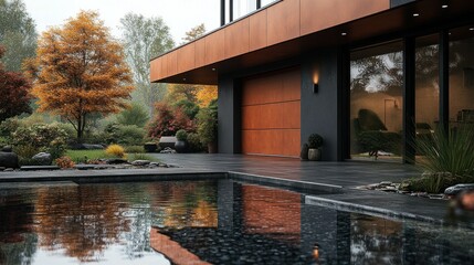 Modern autumn home, reflecting pool, landscaping, garage