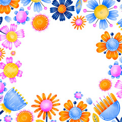 Square border frame with decorative bright flowers. Blooming flower heads. Greeting card, ivitation. Spring and springtime poster. Hand drawn cartoon illustration