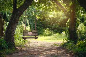 Naklejka premium A tree swing with a heart-shaped seat, set in a picturesque garden, postcard design with space for greetings. Valentine concept 