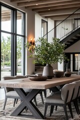 Obraz premium Dining table with plant centerpiece and metal staircase, for home decor ideas