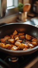 A skillet of crispy roasted potatoes with paprika and thyme, served in a cozy kitchen setting. digital