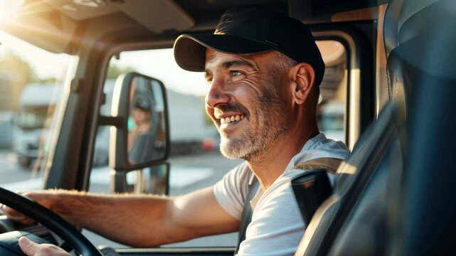 Joyful truck driver smiling in cab, showcasing warmth and connection on sunny day with blurred background of vehicles