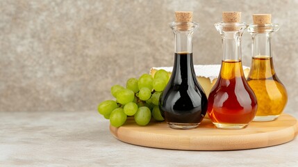 Assorted Vinegars, Cheese, and Grapes on a Wooden Board