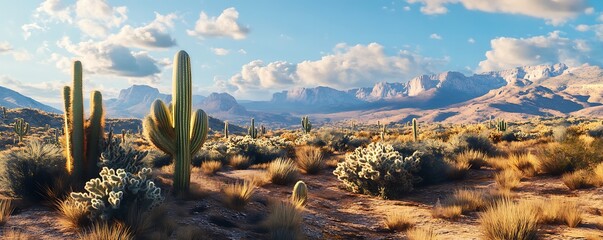 a vast desert landscape with towering rock formations- scattered cacti- and a clear blue sky with fluffy clouds- capturing the serene beauty and rugged terrain of the american southwest