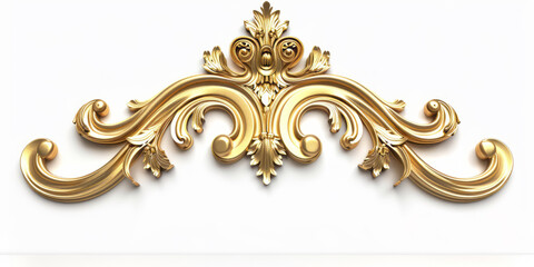 A Victorian golden baroque ornament, in 3D, is isolated on a white backdrop.