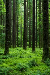 Obraz premium Forest bathing in a dense, verdant wood. Nature's refuge with fern groundcover