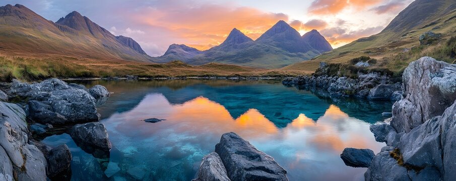 A serene sunset over the Fairy Pools, Scotland, with warm hues reflecting off the still, turquoise waters and dramatic mountain peaks in the background.