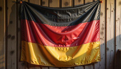 German flag hanging on wooden wall in sunlight.