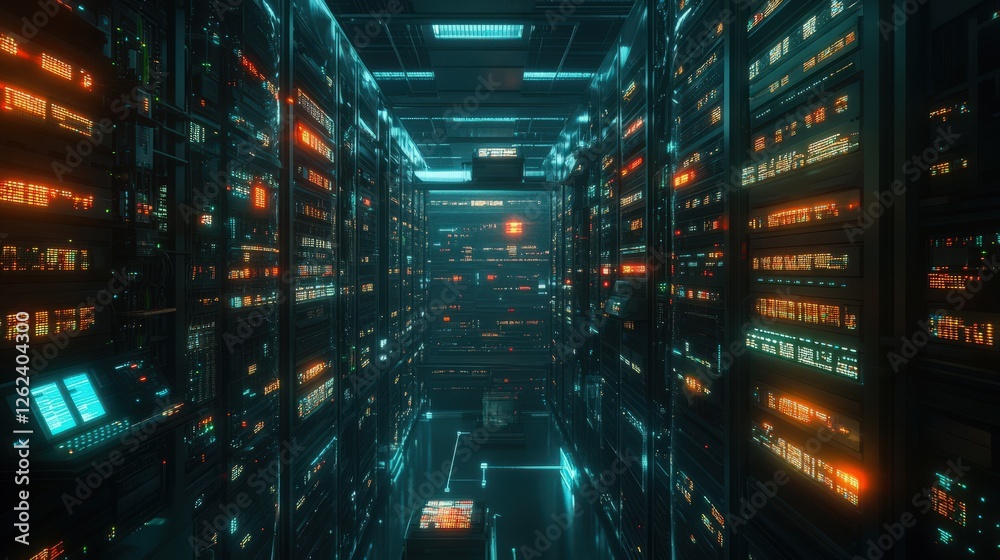 Poster a futuristic data center filled with rows of servers and blinking lights, processing massive amounts