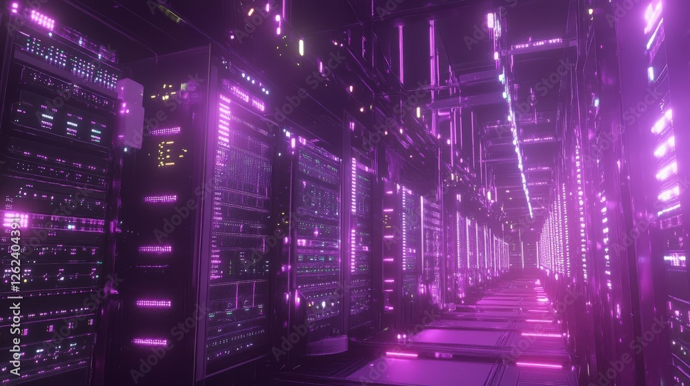 Poster a futuristic data center filled with rows of servers and blinking lights, processing massive amounts