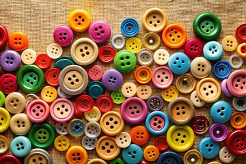 Fototapeta premium Colorful Sewing Buttons Arranged on Beige Fabric - Craft Supplies Background