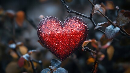Glittering Red Heart Hanging On A Winter Branch