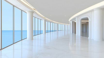 Obraz premium Ocean view luxury hallway; modern architecture, marble floor