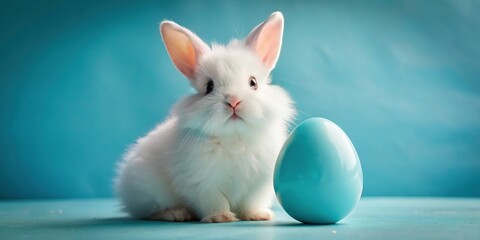 Fototapeta premium Easter Bunny Holding Blue Egg on Blue Background - Spring Holiday Celebration