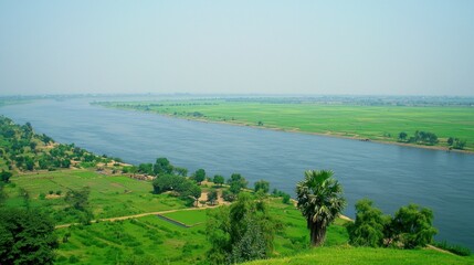 River winding through lush green fields, distant hazy structures.  Aerial view.  Possible use Travel brochure
