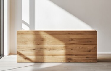 Wooden counter, sunlight, minimalist room, display, interior