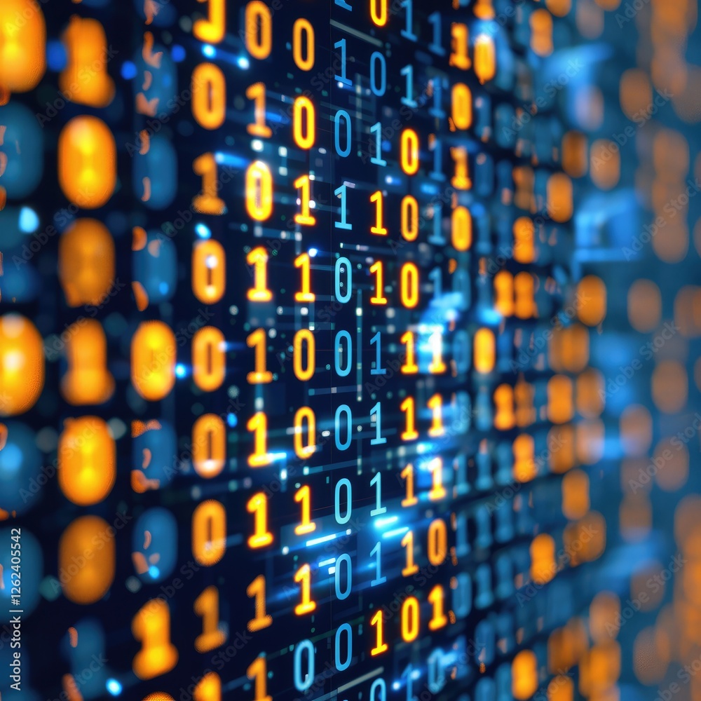 Poster a vibrant display of binary code, showcasing a digital landscape of ones and zeros, representing dat