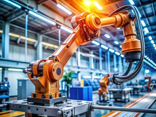 High-Tech Robotic Arm Closeup in Modern Factory Setting