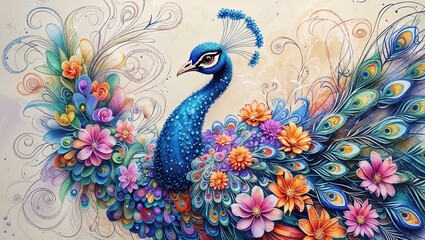 Vibrant Peacock Adorned with Flowers and Feathers Digital Painting on Textured Off White