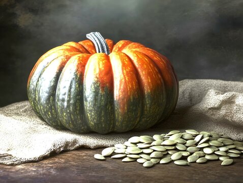 Fresh pumpkin and pumpkin seeds. The bright orange and green hues of the pumpkin create an attractive visual effect, while the natural background and soft lighting emphasize the quality and freshness 