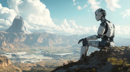 A futuristic digital art piece showing a robot and human sharing a peaceful moment in a sci-fi landscape, exploring the connection between artificial intelligence and humanity