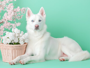 Siberian Husky lying down with paw raised, holding a small basket of flowers, crystal clear ice-blue eyes, detailed fur texture, isolated on mint green background