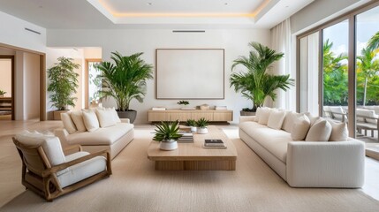 Modern minimalist living room with tropical plants
