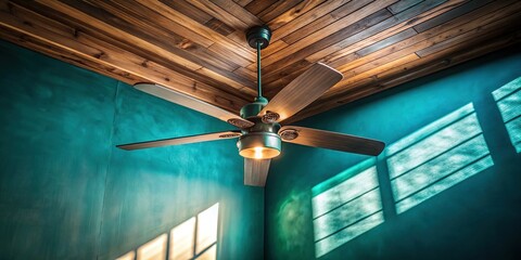 Rustic Wooden Ceiling Fan with Light Fixture, Teal Wall, Sunbeam Shadows - Stock Photo