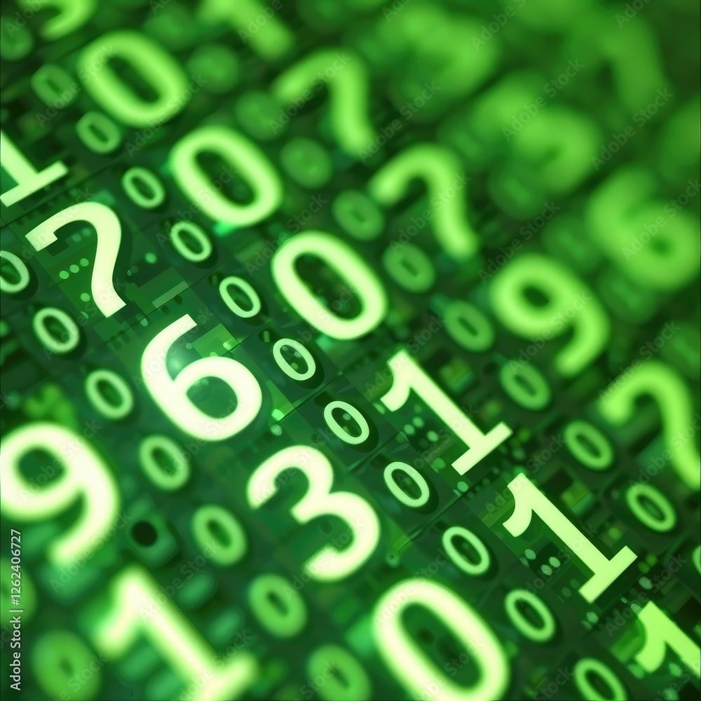 Poster a close-up image of green digital numbers on a screen, representing data, technology, or coding in a