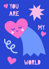Hand drawn simple illustration of comet character with abstract shapes. Cute cutout style Valentine's Day vector card