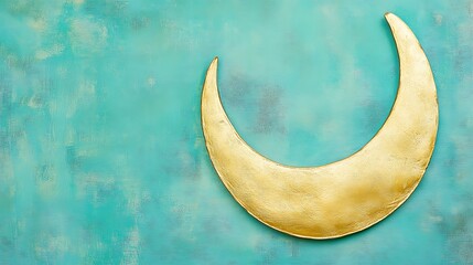 Golden Crescent Moon on Teal Background Art