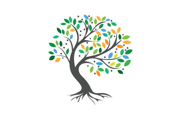 Abstract nature tree logo with green and yellow  accents colorful botanical tree silhouette with root system growth concept