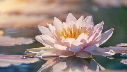 Firefly water lily blooms gracefully on calm water with gentle ripples at sunset
