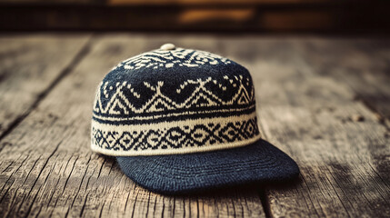 A cozy knitted cap with intricate designs is placed on a rustic wooden surface, conveying warmth and a sense of comfort found in simple, handcrafted items.