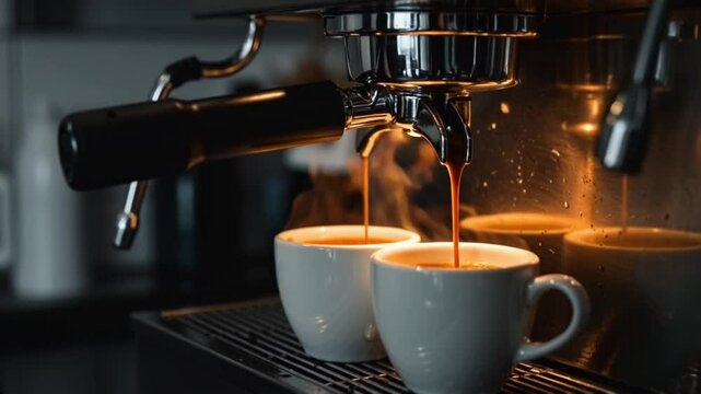 Espresso machine pours rich, steaming coffee into two white cups on a sleek countertop.