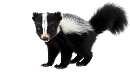 Fototapeta premium Black and white baby skunk standing side ways with bushy tail up. Looking straight ahead away from camera. Isolated cutout on a transparent backround, silhouette. with white shades