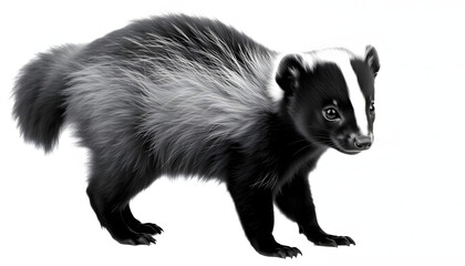 Fototapeta premium Black and white baby skunk standing side ways with bushy tail up. Looking straight ahead away from camera. Isolated cutout on a transparent backround, asian style. with white shades