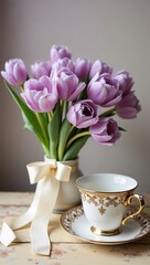 Lilac Tulip Bouquet with Ivory Silk Ribbon Beside Antique Porcelain Teacup on Distressed Wooden Table