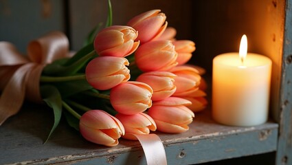 Dreamy Peach Tulip Bouquet with Champagne Silk Ribbon Near Glowing Candle on Rustic Wooden Shelf