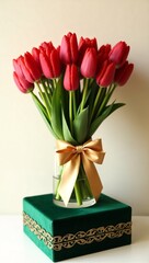 Luxurious Crimson Tulip Bouquet with Champagne Silk Ribbon on Emerald Velvet Jewelry Box Against a Soft White Background