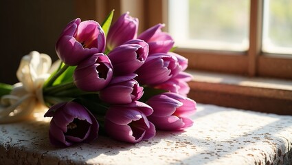 Elegant Bouquet of Purple Tulips with Ivory Ribbon on Antique Lace Table in Warm Sunlight