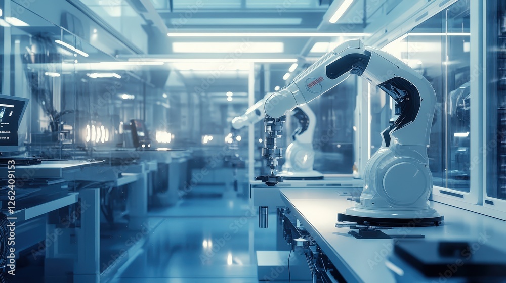 Poster a futuristic innovation lab where scientists and engineers use advanced robotics and ai to create th