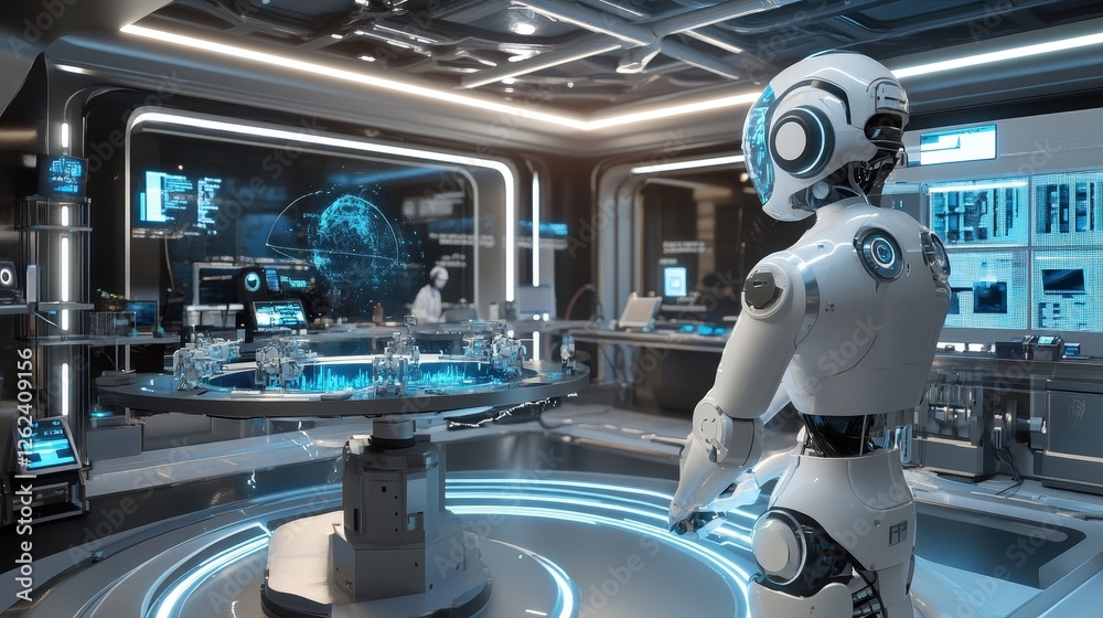 Poster a futuristic innovation lab where scientists and engineers use advanced robotics and ai to create th