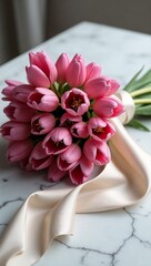 Elegant bouquet of pink tulips, wrapped in ivory silk ribbon, on polished gray marble countertop
