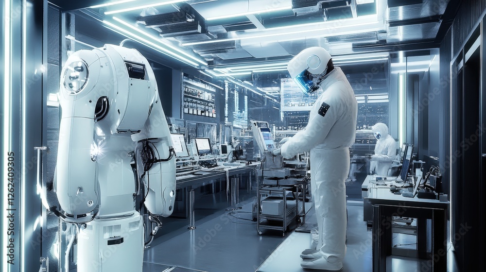Poster a futuristic innovation lab where scientists and engineers use advanced robotics and ai to create th