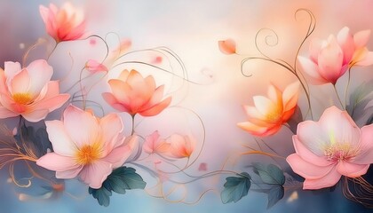 Vibrant abstract garden illustration capturing soft pink and coral flowers amidst delicate ivy on a serene spring day
