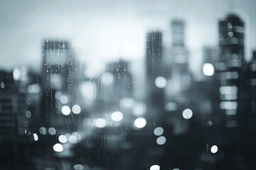 Naklejka premium Rainy Cityscape: Night Lights Blurred Through Wet Window, Abstract Urban View