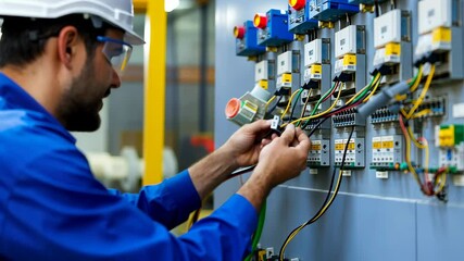 An electrician works diligently on a control panel, adjusting wires and ensuring proper connections in a safe environment.