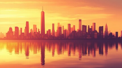 Fototapeta premium modern cityscape at golden hour, silhouettes of iconic skyscrapers, warm hues filling sky, reflections on calm water, serene and peaceful scene