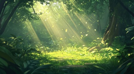 Obraz premium lush green forest with sunlight streaming through leaves